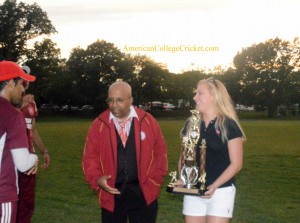 American College Cricket Founder & President Lloyd Jodah, with Anja and the Colin Michael Jodah Trophy at the Ivy League Championship. Trophy made by Cricketzone USA & Trophy World.