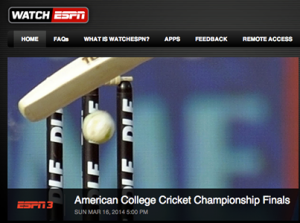 The 2014 American College Cricket Nationals was broadcast Live on ESPN & TV Asia