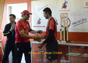 Renegade Cricket MVP Shahroze Shah receives his Award from Rizwan Cheema, longtime Canadian superstar with the bat, & current Captain.