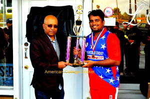 American College Cricket Founder & President Lloyd Jodah presenting the 1844 Jodah Trophy to Sai Ramesh (USF) Captain of ACC Dream11 USA. The Trophy was named in honor of the 1844 USA vs Canada cricket match which started International sports, & the Jodah Family's contribution to cricket since the 1960's