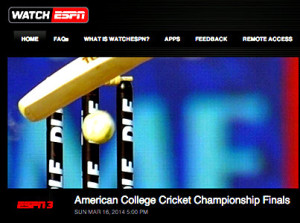 The 2014 American College Cricket Nationals Finals, Auburn vs USF was shown live on ESPN.