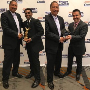 Wingate Award winner for Cricketer of the Year Alix Hussein, & PSAL Coach of the Year Alex Navarette receiving Awards from Bassett Thompson, PSAL Cricket Commissioner