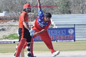 Saurabh Netravalkar (Cornel & All Star, India u19) bowling, Hassan Mirza (Ryerson & All Star)