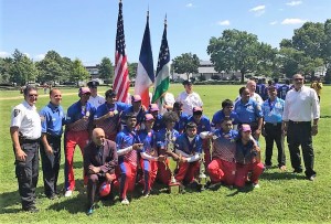 The NYPD Cricket Champion NY Dragons, NYC High School Commissioner Bassett Thompson and American College Cricket Preisdent Lloyd Jodah are  on left and right